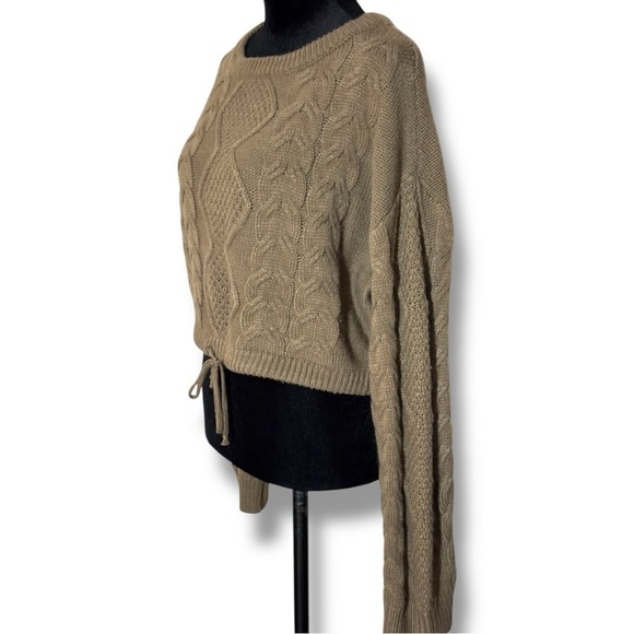 Vigoss Brown Cable Knit Front Tie Long Sleeve Cropped Crew Neck Sweater - Picture 7 of 16